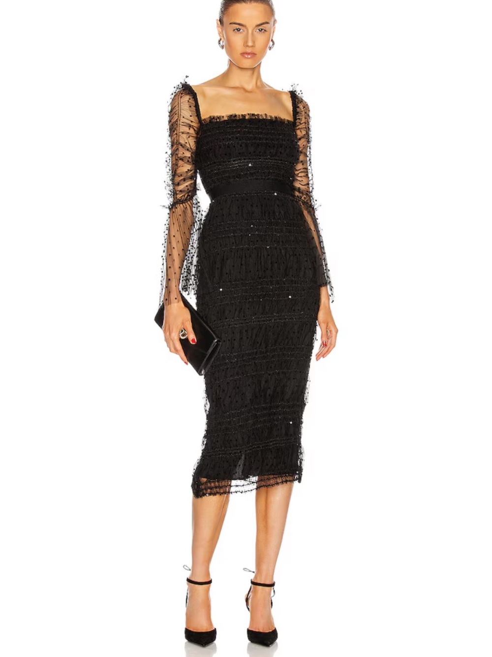 Self-Portrait Black Lace Midi Dress with Sheer Dot Sleeves